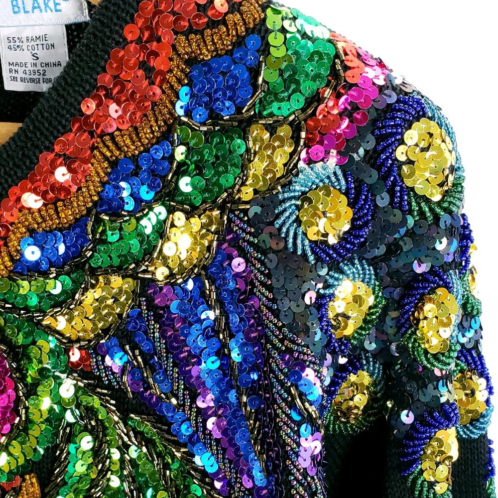 Vtg Lindsey Blake Sweater Women's S Black Multicolor Sequins Beads Wearable Art - Picture 7 of 11